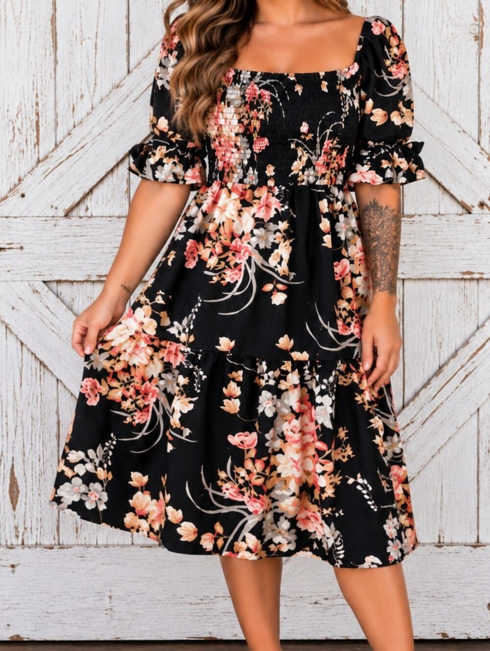 NWOT Off-Shoulder Black Floral Midi Dress Size S